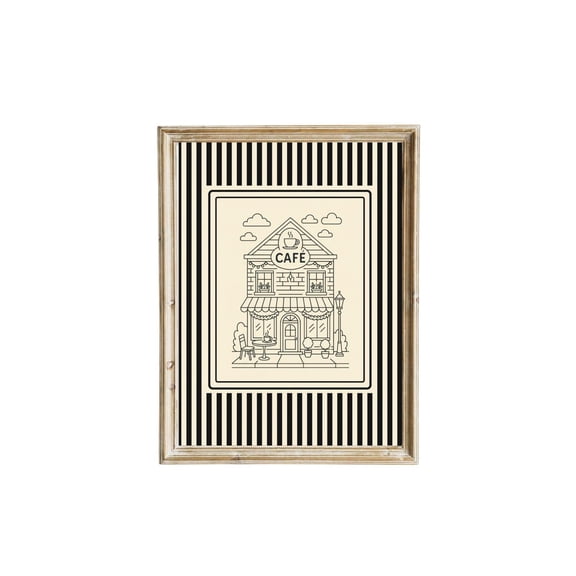 Coffee Shop Line Art | Black Stripes Kitchen Decor | Parisian Café Illustration | Unframed Paper Print