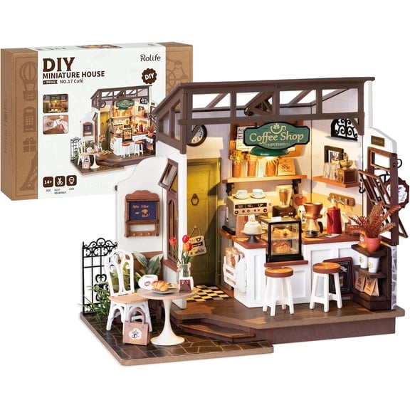 Coffee Shop Miniature Dollhouse Kit with LED Lights - DIY Crafts for Adults, Birthday Gifts and Hobbies