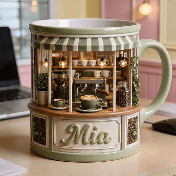 Coffee Shop Mug, Custom Mug, 2D Printed 3D Effect, Personalized Mug, Custom Name Cup, Green Cafe Mug, Espresso Latte Coffee Bean Mug, Barista Gift, Cute Kitchen Decor Gifts for Coffee Lovers