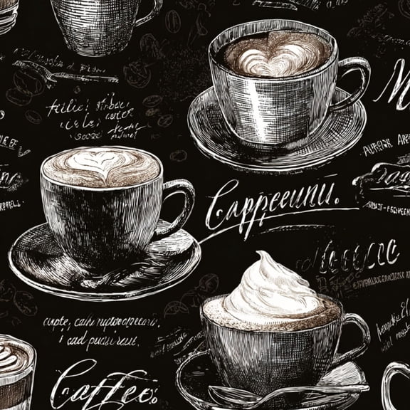 Coffee Shop Peel and Stick Wallpaper Coffee Cups Cappuccino Sketches Dark vintage Wall Mural 17.7in x 9.8ft Self Adhesive Removable Wall Paper Renter Friendly Wallpaper for Bakery Coffee Lover