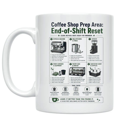 Coffee Shop Prep Area End-of-Shift Reset - Barista Training - 11 oz Ceramic Coffee Mug