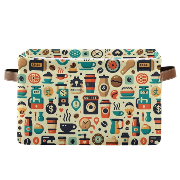Coffee Shop Signs Icon Storage Bins with Handle Fabric Organizer Basket Foldable Box 1 Pack 14.2x10.2x8.3