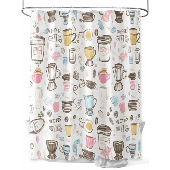 Coffee Shower Curtain, Cartoon Modern Hand Painted Waterproof Shower Curtain Set with 12 Hooks Lightweight Washable Fabric Shower Curtains for Bathroom 60x72 Inches