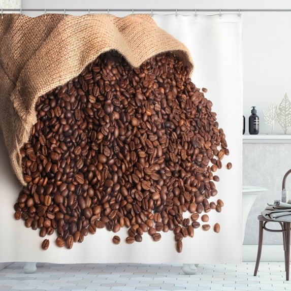 Coffee Shower Curtain, Real Life Photo of a Sack of Beans Poured onto the Floor Delicious Beverage, Fabric Bathroom Set with Hooks, 69W X 75L Inches Long, Peach Brown White, by Ambesonne