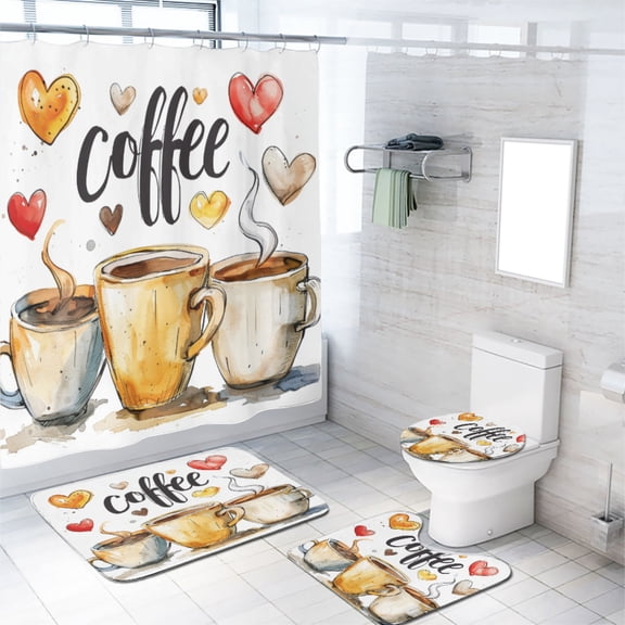 Coffee Shower Curtain Set with Rugs for Bathroom Decor Coffee Theme Tea Cup Love Heart with Toilet Lid Cover, Bath Mat, Shower Curtains for Bathroom Rug Set, 72x72 Inch