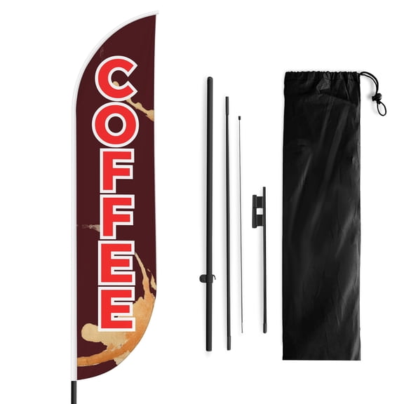 Coffee Sign feather flag Pole Mount for Outdoor by Mavis Print | 15 FEET Long Polyester Outdoor Banner Flag with Pole Kit for Easy Hang | HD Print Swooper Flag Pole Mount for Food Advertising ade