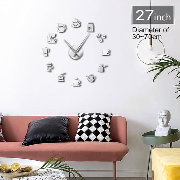 Coffee Signs 3D DIY Size Adjustable Wall Clock Modern Design Kitchen Clock Watch Quartz Acrylic Mirror Sticker Coffee Bean Clock(Silver,27inch)