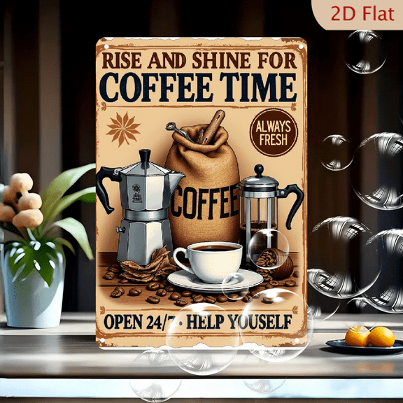 Coffee Signs For Coffee Bar Decor - Rise and Shine for Coffee Time, Rustic Vintage Metal Tin Sign for Coffee Station, Kitchen Wall Decor art Accessories, Gifts for Coffee lover, 8 x 12 inch