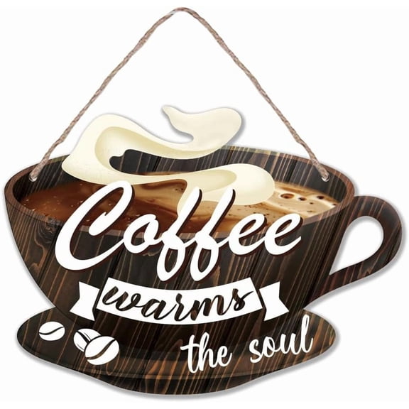 Coffee Signs Decor for Coffee Bar Wood Farmhouse Wall Sign Coffee Bar Decor for Kitchen Home Office Cafe Coffee Station with Jute String Coffee Warms The Soul Wall
