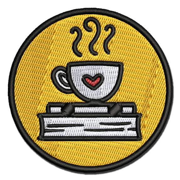 Coffee Sitting on Stack of Books Reading Applique Multi-Color Embroidered Hook & Loop Patch - 3.5 Inch Large