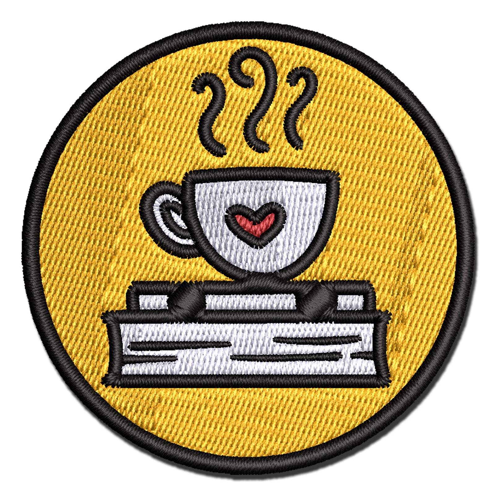 Coffee Sitting on Stack of Books Reading Applique Multi-Color Embroidered Iron-On Patch - 3.5 Inch Large