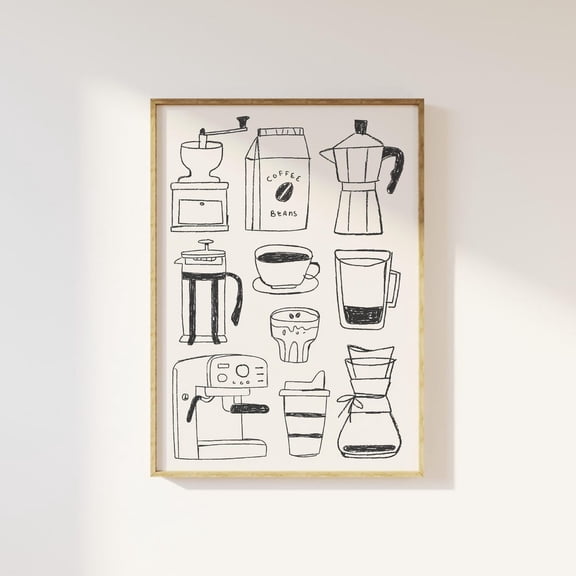 Coffee Sketch Art Coffee Bar Decor Trendy Espresso Lover Wall Art, Stretched Canvas 12x16in