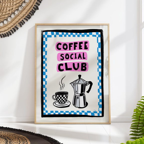 Coffee Social Club Moka Pot Kitchen Wall Art, Unframed Paper Poster 8x10in