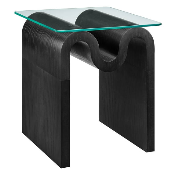 Coffee Sofa Side End Table, Square, Black, Glass, Wood, Living Room Lounge Cafe Lobby Hospitality Restaurant, Modern Contemporary, HB37201