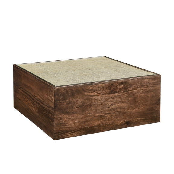 Coffee Sofa Side End Table, Square, Walnut Brown, Glass, Wood, Rattan, Living Room Lounge Cafe Lobby Hospitality Restaurant, Modern Contemporary, HB37574