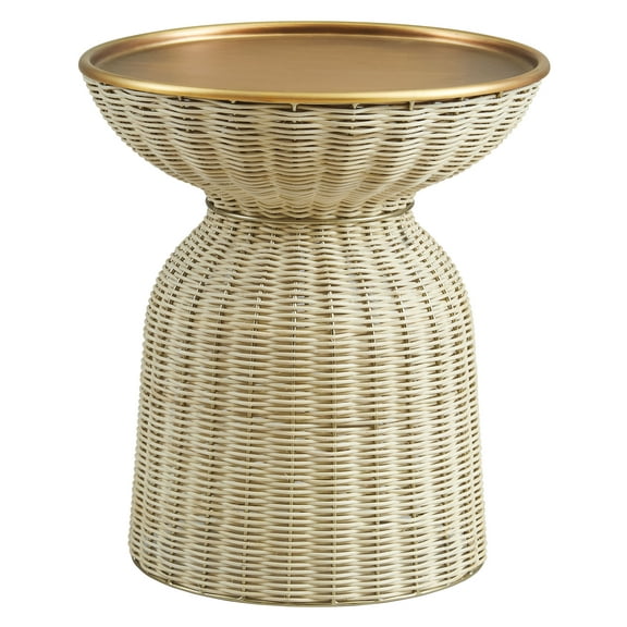 Coffee Sofa Side End Table, round, Gold, Glass, Metal, Rattan, Living Room Lounge Cafe Lobby Hospitality Restaurant, Modern Contemporary, HB37779