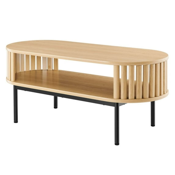 Coffee Sofa Side Table, Brown Oak, Wood, Metal Steel, Oval, Industrial Living Lounge Cafe Lobby Hospitality Restaurant, Modern Contemporary HB34888