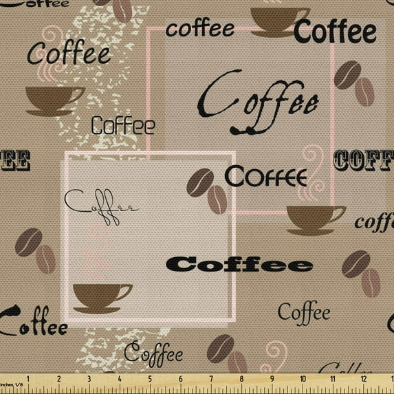 Ambesonne Coffee Fabric by the Yard Upholstery, Coffee Typography Beans, 3 Yards, Pale Brown Black