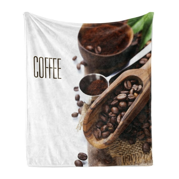 Coffee Soft Flannel Fleece Blanket, Bean and Ground Plants Filter Coffee Equipment Caffeine Addiction and Tropic Taste, Cozy Plush for Indoor and Outdoor Use, 70" x 90", Brown Green, by Ambesonne