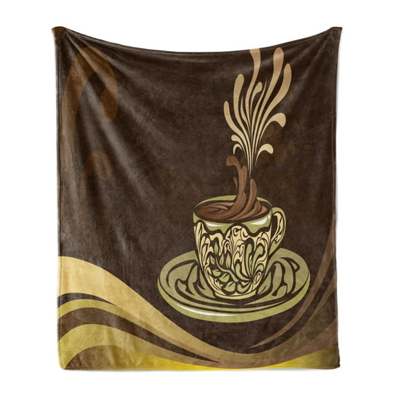 Coffee Soft Flannel Fleece Blanket, Illustration of an Ornamental Coffee Mug with Flourishes Vintage Artwork, Cozy Plush for Indoor and Outdoor Use, 50" x 60", Brown and Multicolor, by Ambesonne