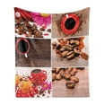 thumbnail image 1 of Coffee Soft Flannel Fleece Blanket, Coffee Themed Collage of Mugs Polka Dots Flowers Beans Muffins Close up Photography, Cozy Plush for Indoor and Outdoor Use, 50" x 70", Brown Red, by Ambesonne, 1 of 6