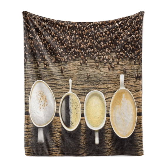 Coffee Soft Flannel Fleece Throw Blanket, Assortment of Coffee Cups with Beans on Wooden Table Americano Cappuccino Mug, Cozy Plush for Indoor and Outdoor Use, 60" x 80", Brown White, by Ambesonne