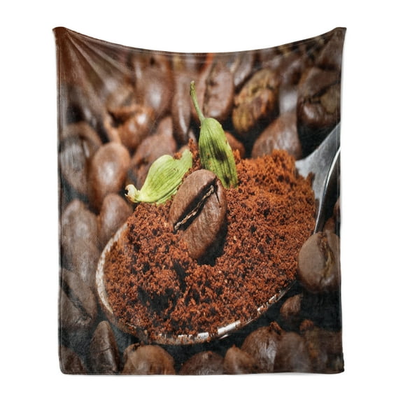 Coffee Soft Flannel Fleece Throw Blanket, Beans with Flavored with Green Cardamom Traditional Oriental Drink, Cozy Plush for Indoor and Outdoor Use, 50" x 60", Brown Green Grey, by Ambesonne