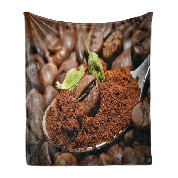 Coffee Soft Flannel Fleece Throw Blanket, Beans with Flavored with Green Cardamom Traditional Oriental Drink, Cozy Plush for Indoor and Outdoor Use, 50" x 70", Brown Green Grey, by Ambesonne