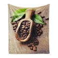 thumbnail image 1 of Coffee Soft Flannel Fleece Throw Blanket, Beans on the Old Table Morning Drink Waking up Rustic Theme Leaves Beans, Cozy Plush for Indoor and Outdoor Use, 50" x 70", Pale Caramel Green, by Ambesonne, 1 of 5