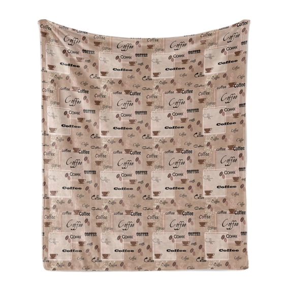 Coffee Soft Flannel Fleece Throw Blanket, Coffee Words Different Typographies Beans Cups on Abstract Vintage Backdrop, Cozy Plush for Indoor and Outdoor Use, 50" x 70", Pale Brown Black, by Ambesonne