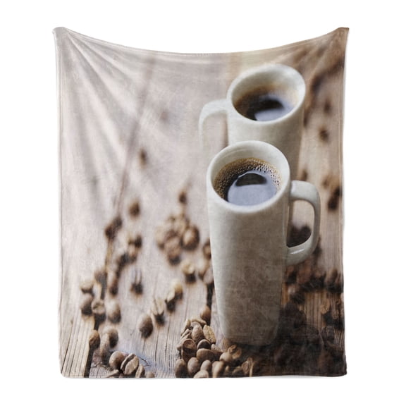 Coffee Soft Flannel Fleece Throw Blanket, Espresso in Cups on Wooden Table with Beans Hot Drink for Romantic Couples, Cozy Plush for Indoor and Outdoor Use, 50" x 60", Cocoa Brown White, by Ambesonne
