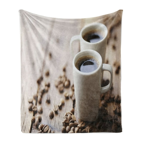 Coffee Soft Flannel Fleece Throw Blanket, Espresso in Cups on Wooden Table with Beans Hot Drink for Romantic Couples, Cozy Plush for Indoor and Outdoor Use, 60" x 80", Cocoa Brown White, by Ambesonne