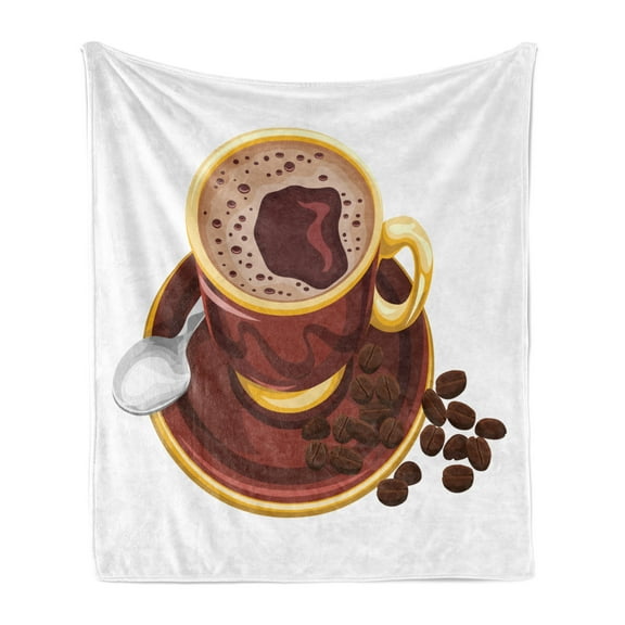 Coffee Soft Flannel Fleece Throw Blanket, Graphic Image of a Foamy Cappuccino with a Spoon and Some Beans, Cozy Plush for Indoor and Outdoor Use, 70" x 90", Redbrown Mustard, by Ambesonne
