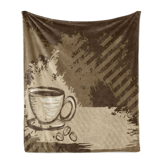 Coffee Soft Flannel Fleece Throw Blanket, Grunge Style Illustration of a Cup and Some Beans Graphical Artwork, Cozy Plush for Indoor and Outdoor Use, 50" x 70", Dark Cocoa Sepia, by Ambesonne