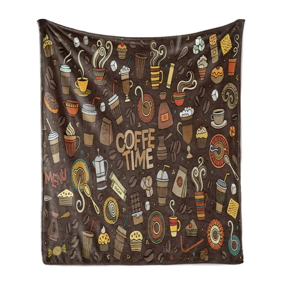 Coffee Soft Flannel Fleece Throw Blanket, Hand Drawn Cartoon Coffee Time Theme Sweets and Drinks Ornamental , Cozy Plush for Indoor and Outdoor Use, 60" x 80", Brown Multicolor, by Ambesonne