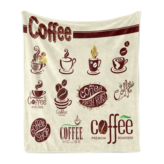 Coffee Soft Flannel Fleece Throw Blanket, Coffee House Pattern Abstract Design Elements Traditional Grunge Effect, Cozy Plush for Indoor and Outdoor Use, 50" x 70", Beige Maroon Green, by Ambesonne