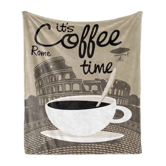 Coffee Soft Flannel Fleece Throw Blanket, It's Coffee Time Text with Rome Landmark Collesium, Cozy Plush for Indoor and Outdoor Use, 70" x 90", Tan Grey Yellow, by Ambesonne