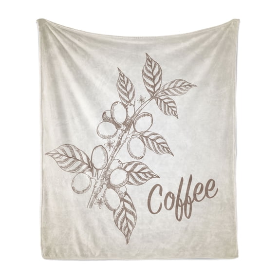 Coffee Soft Flannel Fleece Throw Blanket, Monochrome Sketch Branch with Leaves and Beans Agricultural Components Coffee, Cozy Plush for Indoor and Outdoor Use, 70" x 90", Pale Tan Cocoa, by Ambesonne
