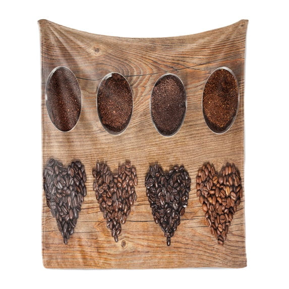 Coffee Soft Flannel Fleece Throw Blanket, Overview Layout of Beans in the Shape of Hearts and Ground Coffee, Cozy Plush for Indoor and Outdoor Use, 60" x 80", Dark Brown Pale Caramel, by Ambesonne