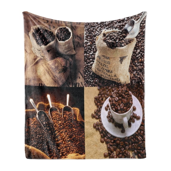 Coffee Soft Flannel Fleece Throw Blanket, Rustic Collage of Images Showing Different Kinds of Roasted Grains, Cozy Plush for Indoor and Outdoor Use, 50" x 60", Dark Sand Brown Brown, by Ambesonne