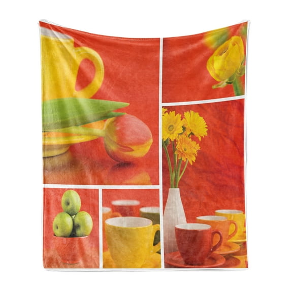 Coffee Soft Flannel Fleece Throw Blanket, Tea with Coffee Cups Composition in Warm Colors Flowers Tulips and Apples, Cozy Plush for Indoor and Outdoor Use, 50" x 60", Red Yellow Green, by Ambesonne