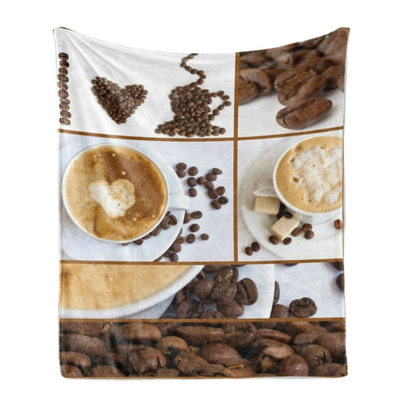 Coffee Soft Flannel Fleece Throw Blanket, Themed Collage of Beans Mugs Hot Foamy Drink a Heart Macro Aroma Photo Print, Cozy Plush for Indoor and Outdoor Use, 50" x 60", Brown White, by Ambesonne