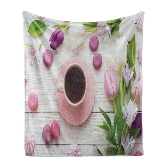 Coffee Soft Flannel Fleece Throw Blanket, Top View Photo of Cup with Macaroons and Fresh Tulip Flowers, Cozy Plush for Indoor and Outdoor Use, 50" x 70", Multicolor, by Ambesonne