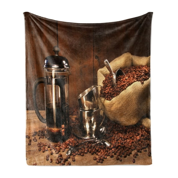 Coffee Soft Flannel Fleece Throw Blanket, Vintage Concept Picturesque of a French Press and Cups with Beans in a Sack, Cozy Plush for Indoor and Outdoor Use, 50" x 60", Multicolor, by Ambesonne