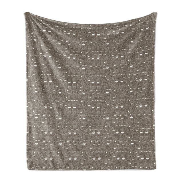 Coffee Soft Flannel Fleece Throw Blanket, Warm Caffeine Drink Cup Pitcher Jug Mug Toast Bread Croissant Cupcake Beans, Cozy Plush for Indoor and Outdoor Use, 50" x 70", Pale Taupe White, by Ambesonne