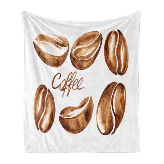 Coffee Soft Flannel Fleece Throw Blanket, Watercolor Effect Beans Breakfast Drink Brush Strokes Pattern Abstract, Cozy Plush for Indoor and Outdoor Use, 50" x 70", Caramel White, by Ambesonne