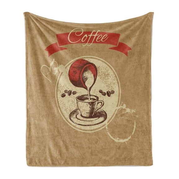 Coffee Soft Flannel Fleece Throw Blanket, Weathered Look Vintage Circle Frame Spilling Milk for a Creamy Taste, Cozy Plush for Indoor and Outdoor Use, 70" x 90", Pale Brown Vermilion, by Ambesonne