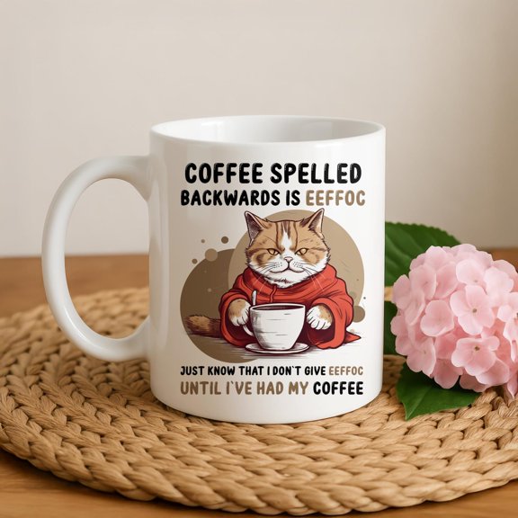 Coffee Spelled Backwards Is Eeffoc Cup, Funny Cat Coffee Mug, Cute Pet Ceramic Cup, Sarcastic Quote Tea Mug, Humorous Gift for Coffee Lovers