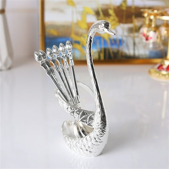 Coffee Spoon Fruit Fork Set with Rack, ZzCityTK Stainless Steel Bar Dessert Spoons 6-Piece Tableware Set, Elegant Swan-Shaped Stand for Home Cafe Party Decor Gift