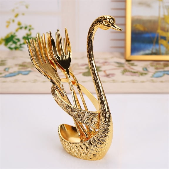 Coffee Spoon Fruit Fork Set with Rack, ZzCityTK Stainless Steel Bar Dessert Spoons 6-Piece Tableware Set, Elegant Swan-Shaped Stand for Home Cafe Party Decor Gift